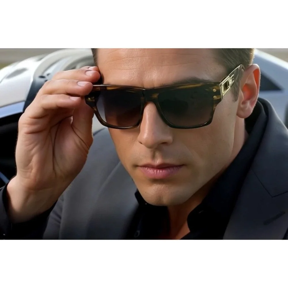 Square Frame Sunglasses Tortoise Shell Gold Accent Fashion Statement Sun Glasses